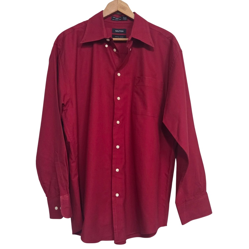 Nautica Vintage Oxford Shirt Mens 16.5 34/35 Red Long Sleeve Button Down Cotton